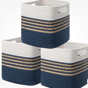 Set of 3 Woven Cotton Rope Basket Blue, White, and beige  storage Cubes set